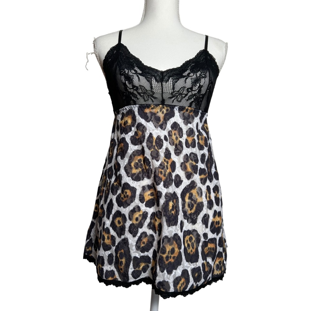 Vintage Y2K Leopard Lace Babydoll Long Tank Top Slip Black Tan‎ Animal Print